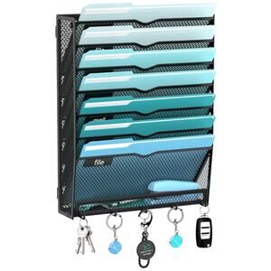 8-Tier Mesh Hanging Wall File Organizer with 5 Hooks, Mail Organizer- Black